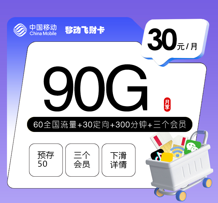 移动飞财卡【30元90G+300分钟+3个会员】-172号卡