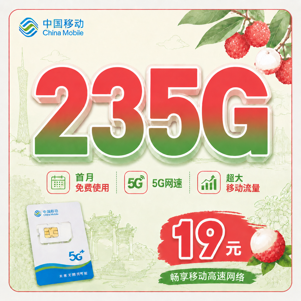 移动荔枝卡19元235G+首月免费+广东专属！-天音号